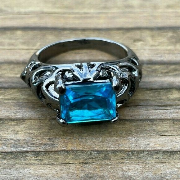 Fashion Ring Black Tone Faux Blue Stone Women Rings Fashion Jewelry Size 7.5 - Picture 11 of 12